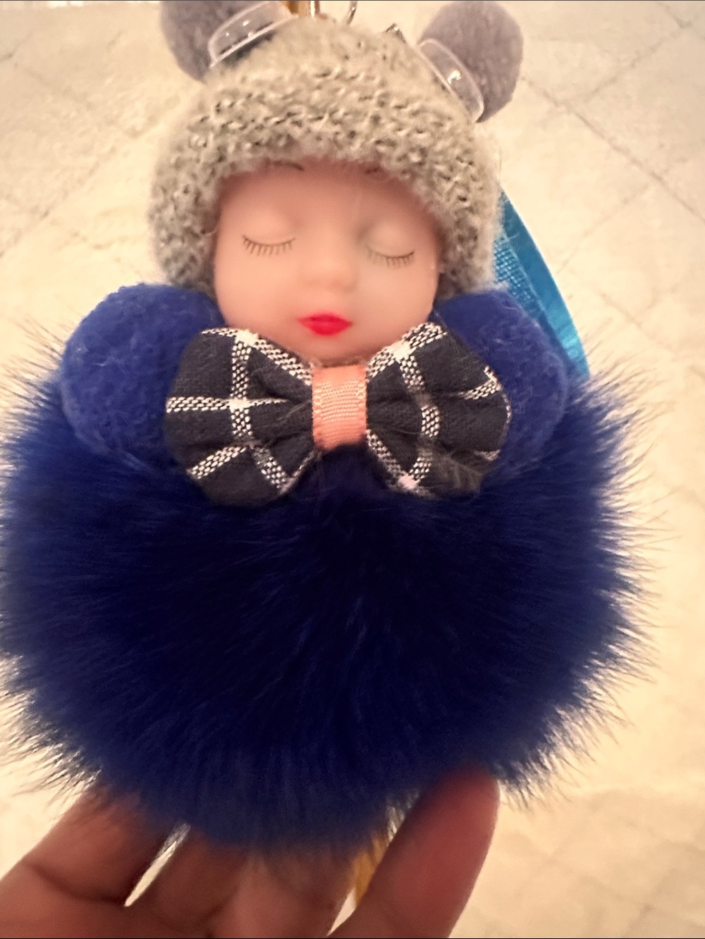 Plush Blue Pom-Pom Sleeping Baby Keychain and purse charm